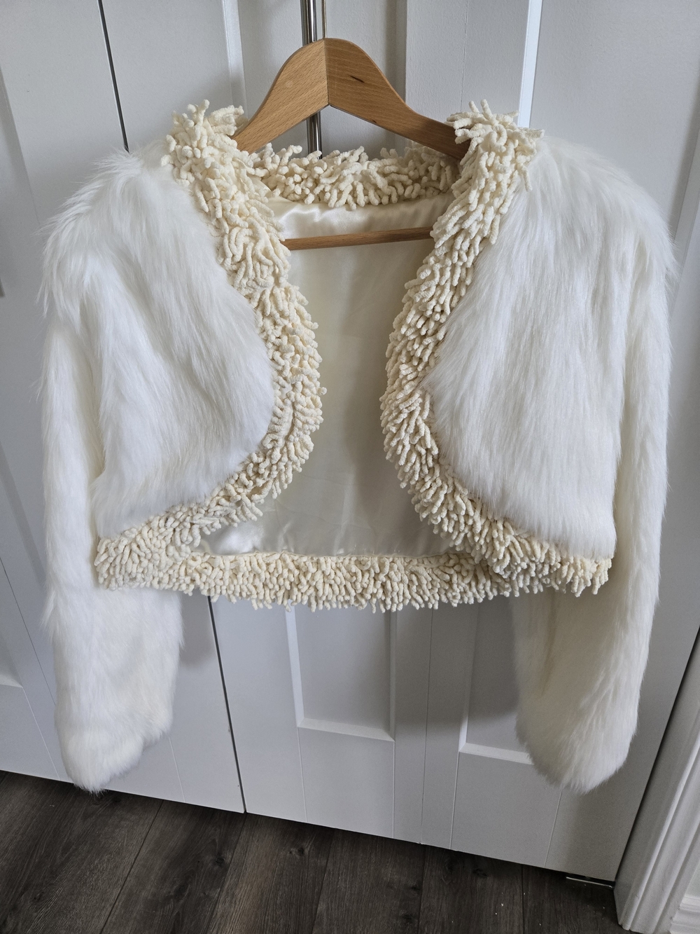 White Faux Fur Bolero Crop Jacket with Chenille Trim